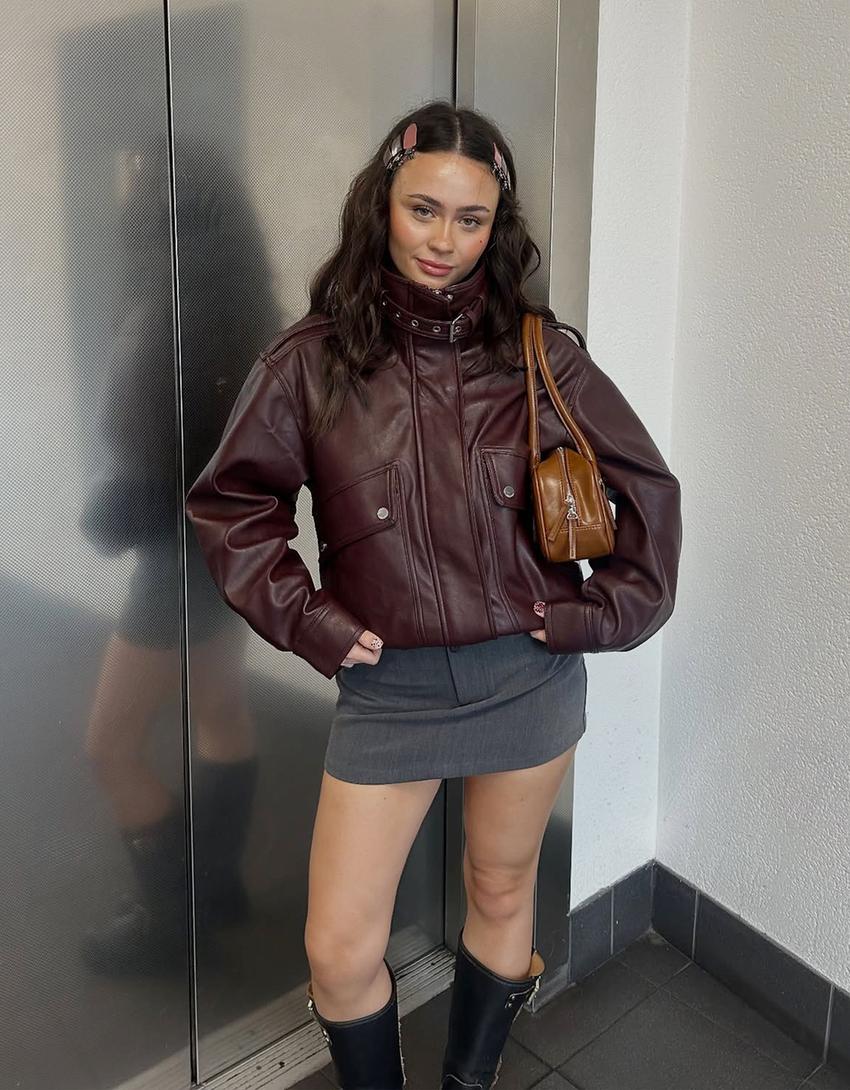 Veste en similicuir à poches-Bordeaux
