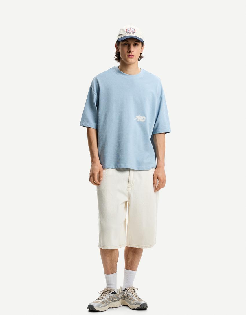 Tricou mânecă scurtă boxy structură broderie-Albastru deschis-3