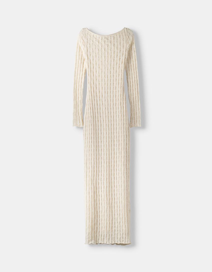 Long sleeve rustic midi dress-Cream-4