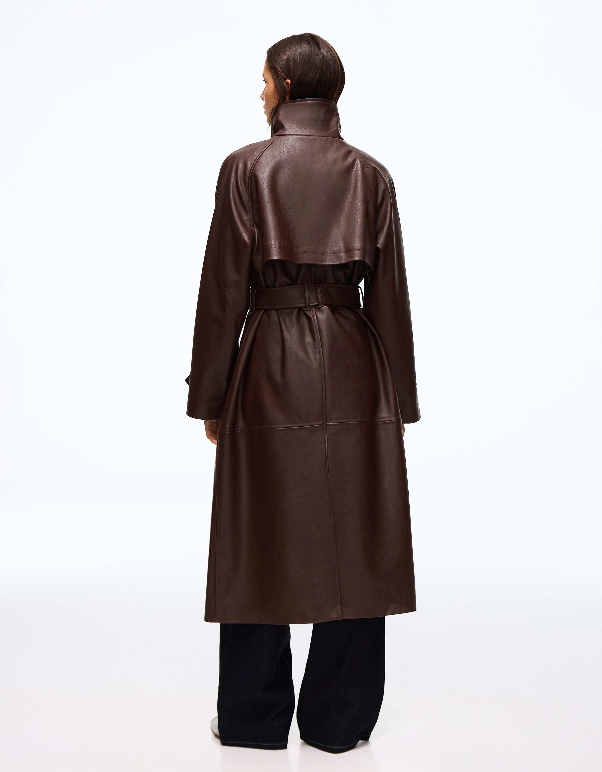 Long leather effect belt trench coat with funnel neck — Burgundy