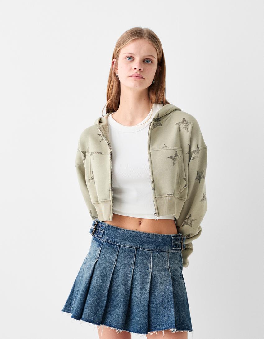Minijupe-culotte denim plissée-Bleu lavé-1