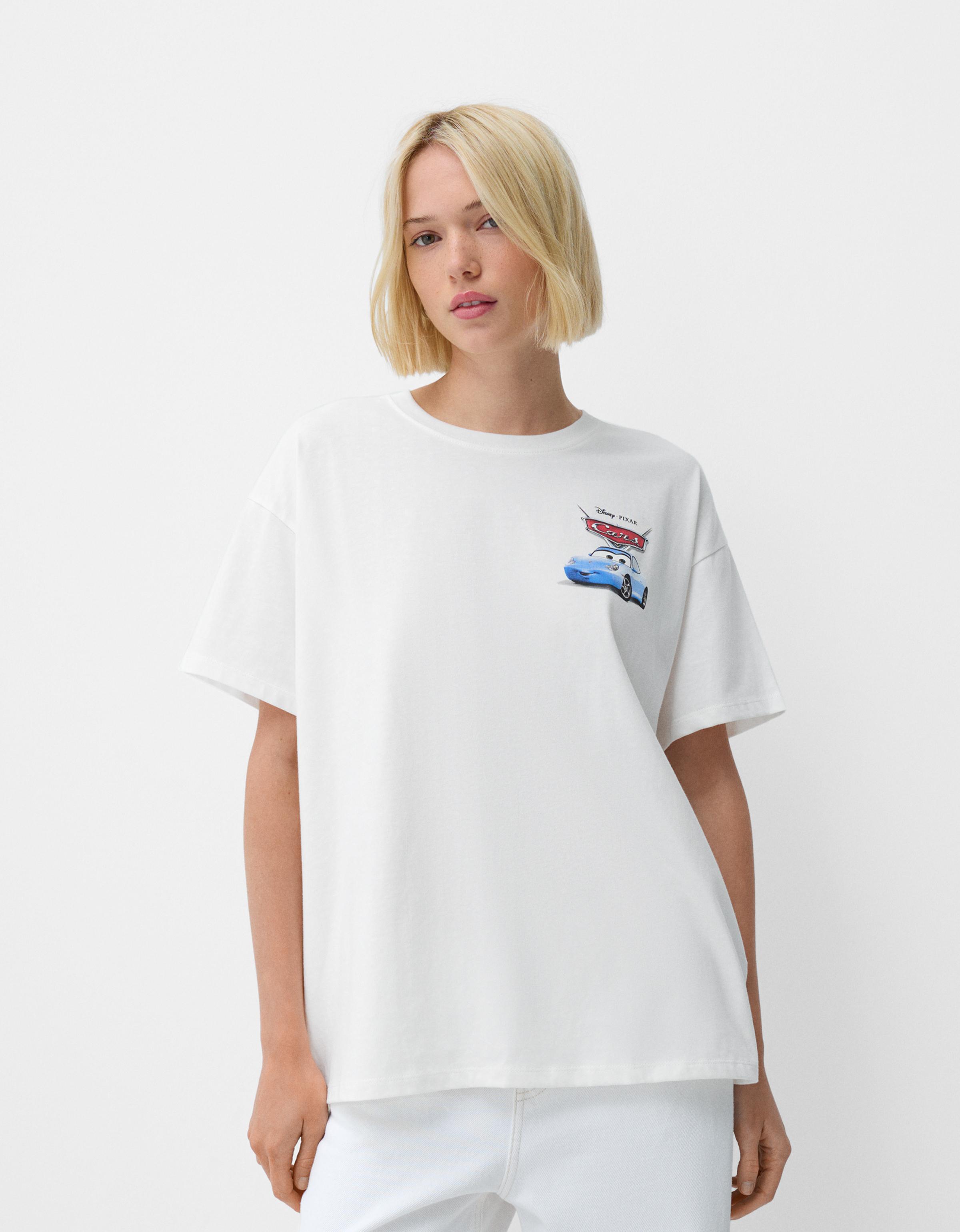 Bershka T-Shirt Cars Mit Kurzen Ärmeln Und Print Damen L Weiss