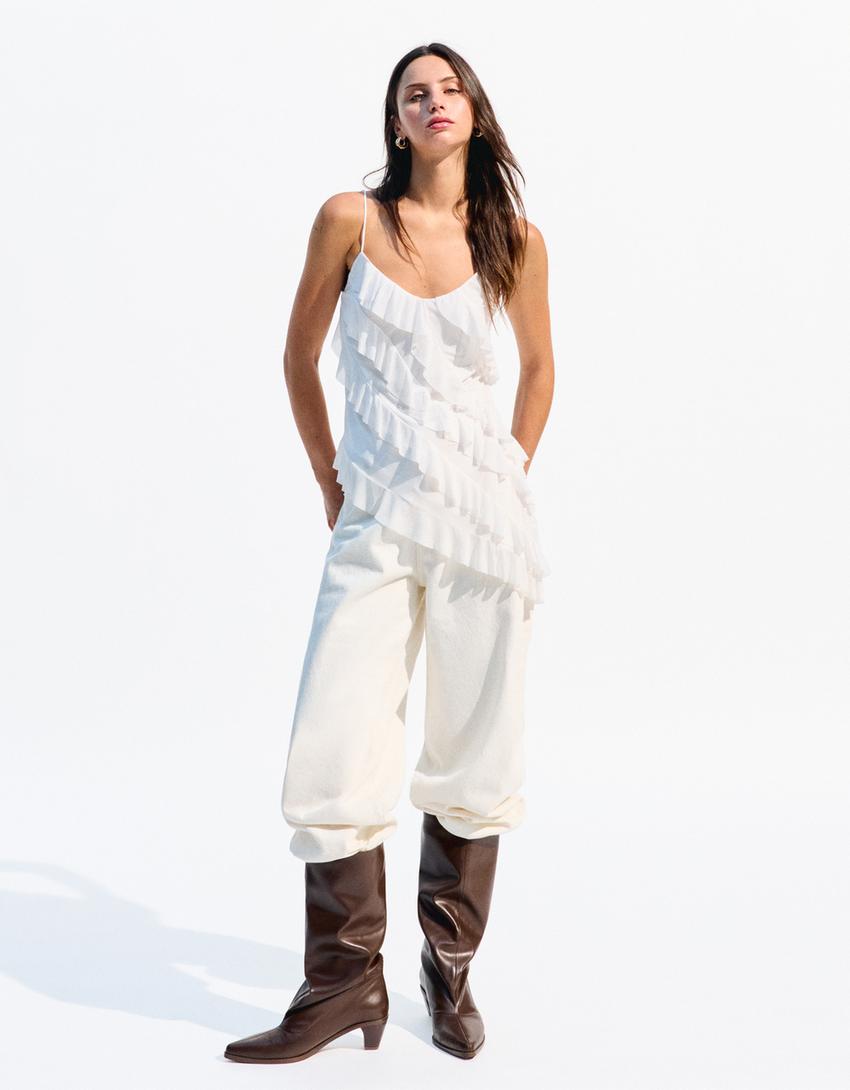 Asymmetric ruffled top-Cream-1