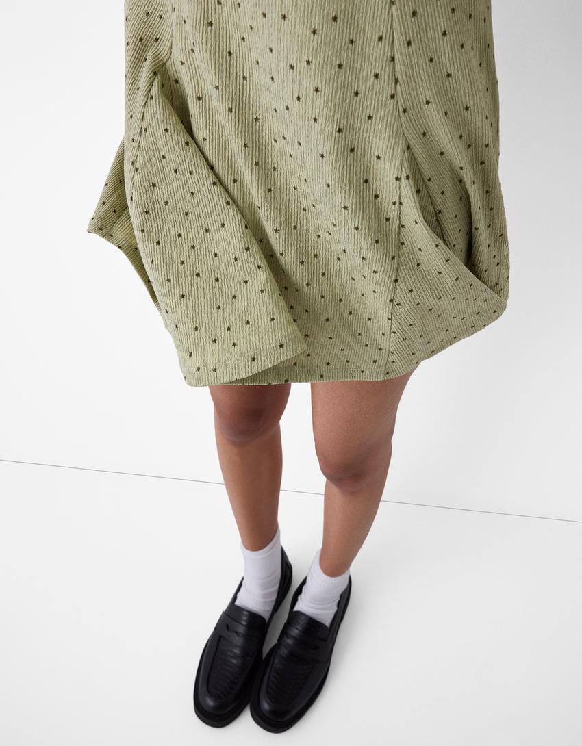 فستان قصير بطبعة وأكمام قصيرة-كاكي-3