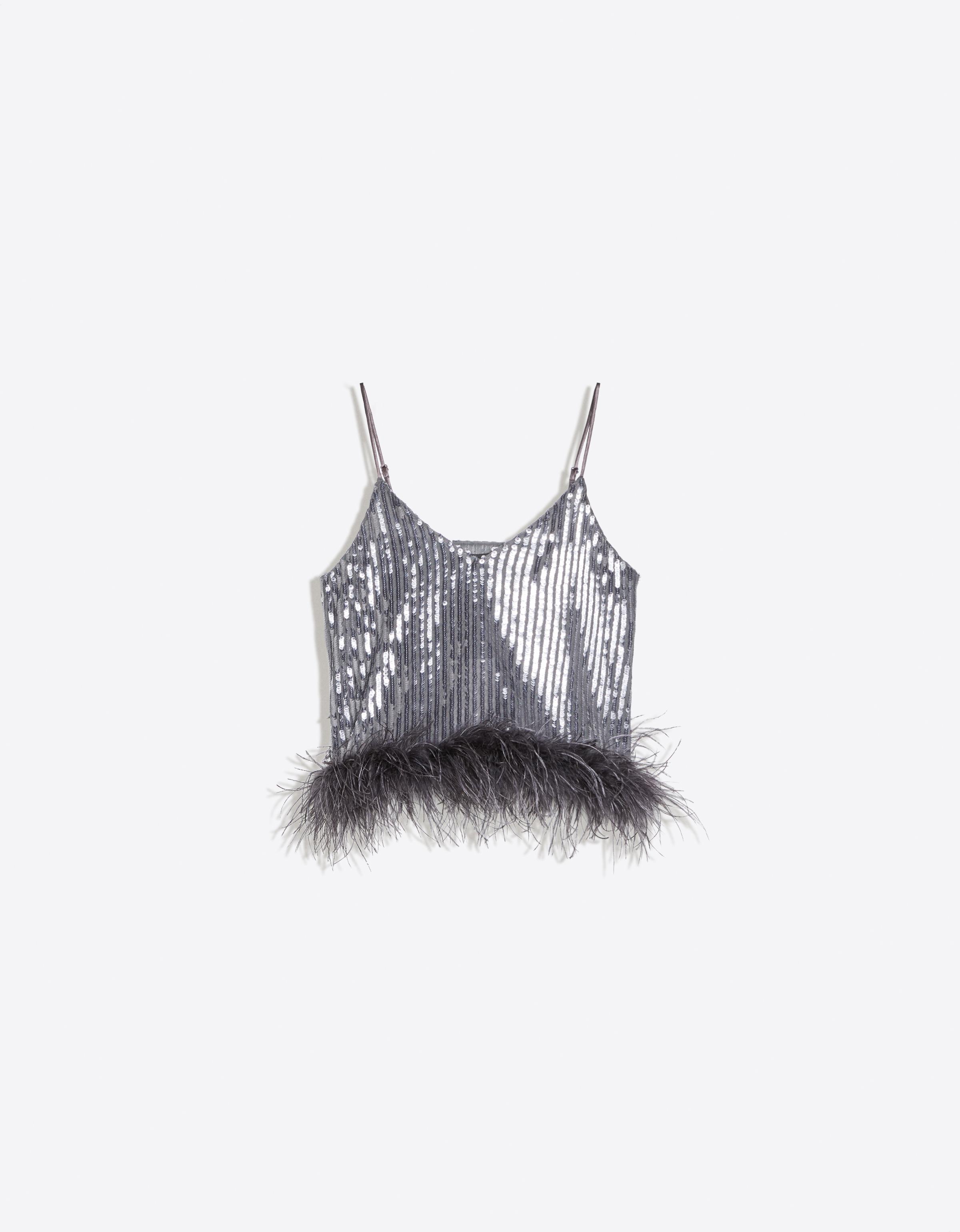 Top tirantes lentejuelas plumas