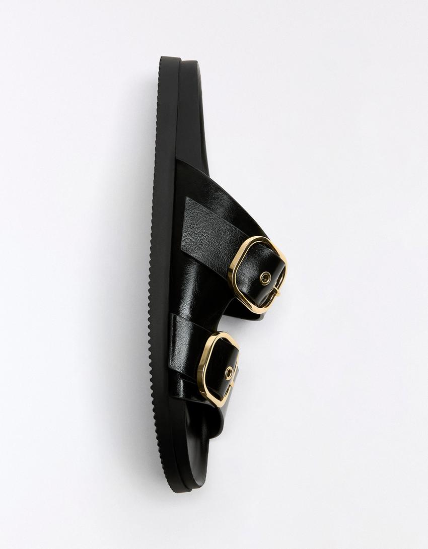Buckled flat slider sandals-BLACK
