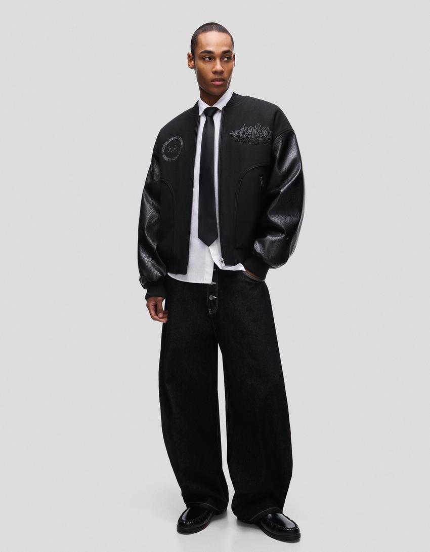 Cloth jacket with leather effect sleeves-Black