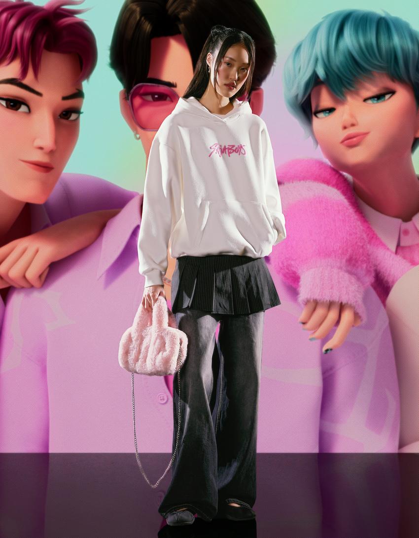 هودي KPop Demon Hunters Huntr/x بطبعة وغطاء رأس-كريمي