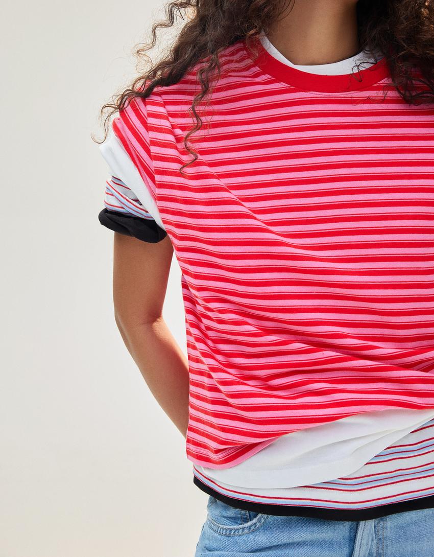 Striped boxy T-shirt-Pink