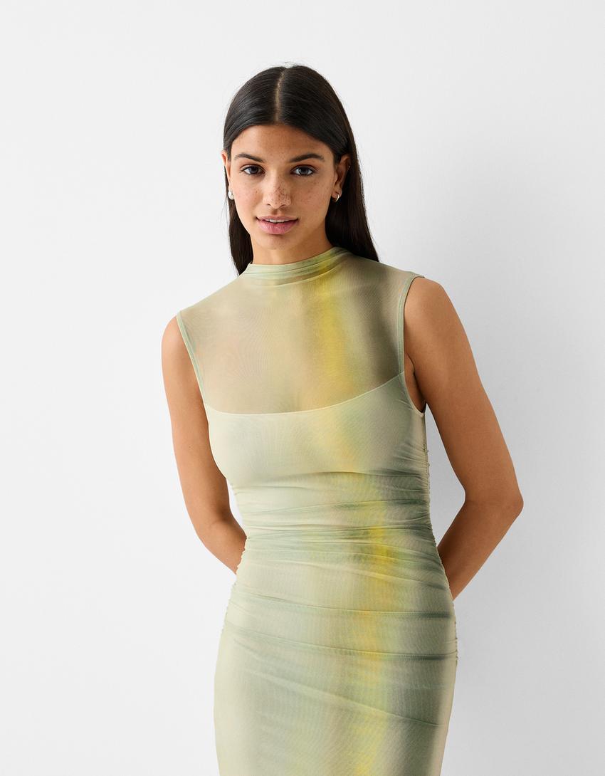 فستان ميدي يباقة عالية وأكمام قصيرة وطبعة-أخضر ليمي-1