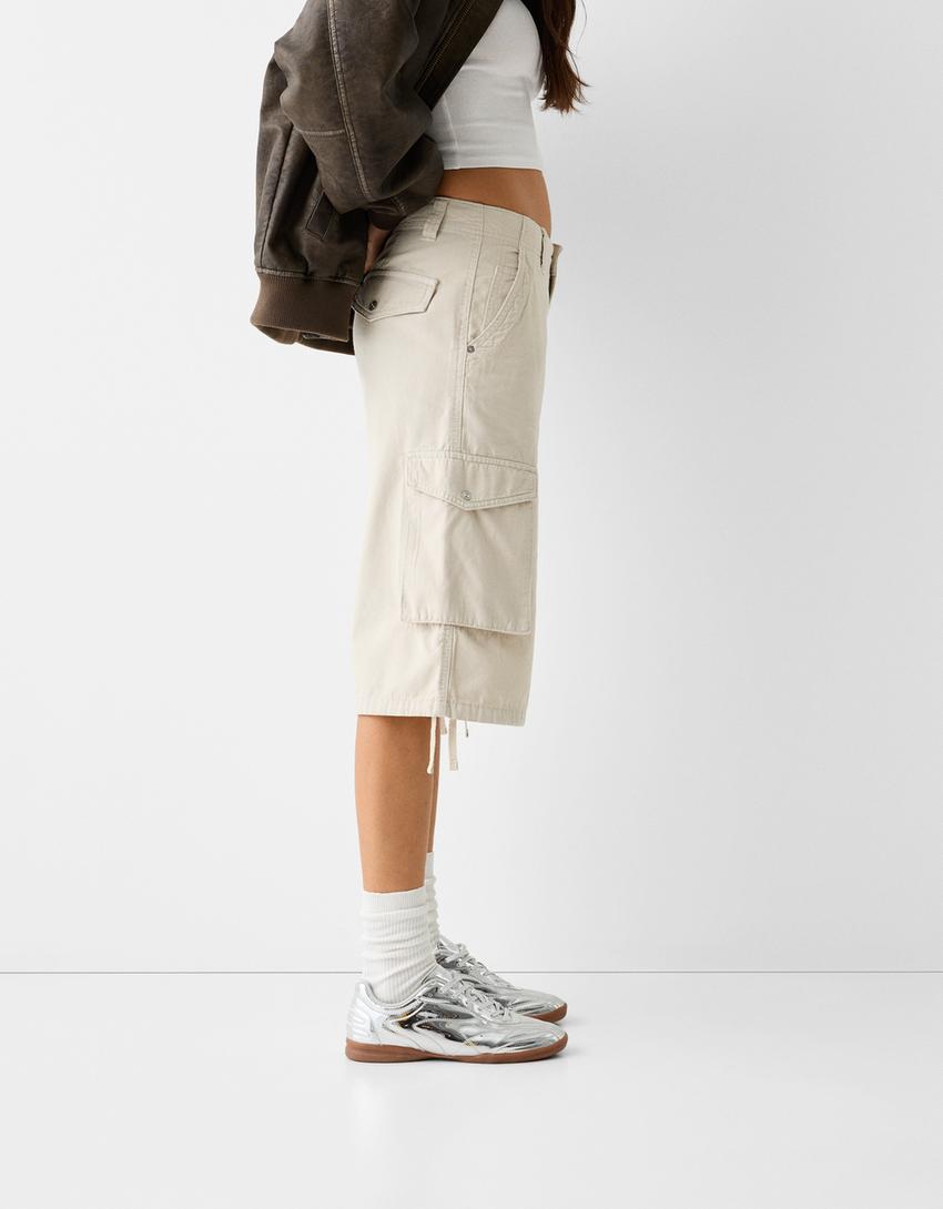 Памучни карго бермуди с разпусната кройка-Екрю-3