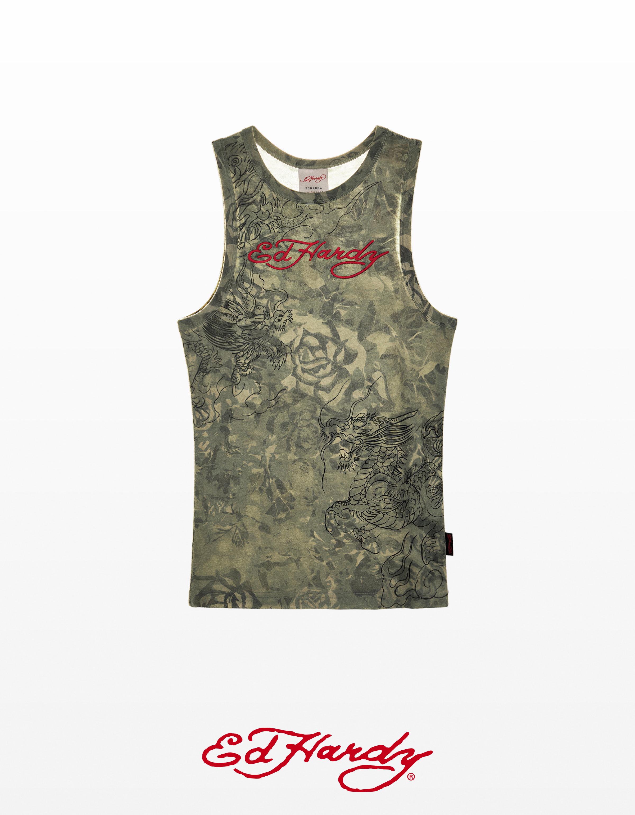 ED HARDY X BERSHKA print vest top — Khaki