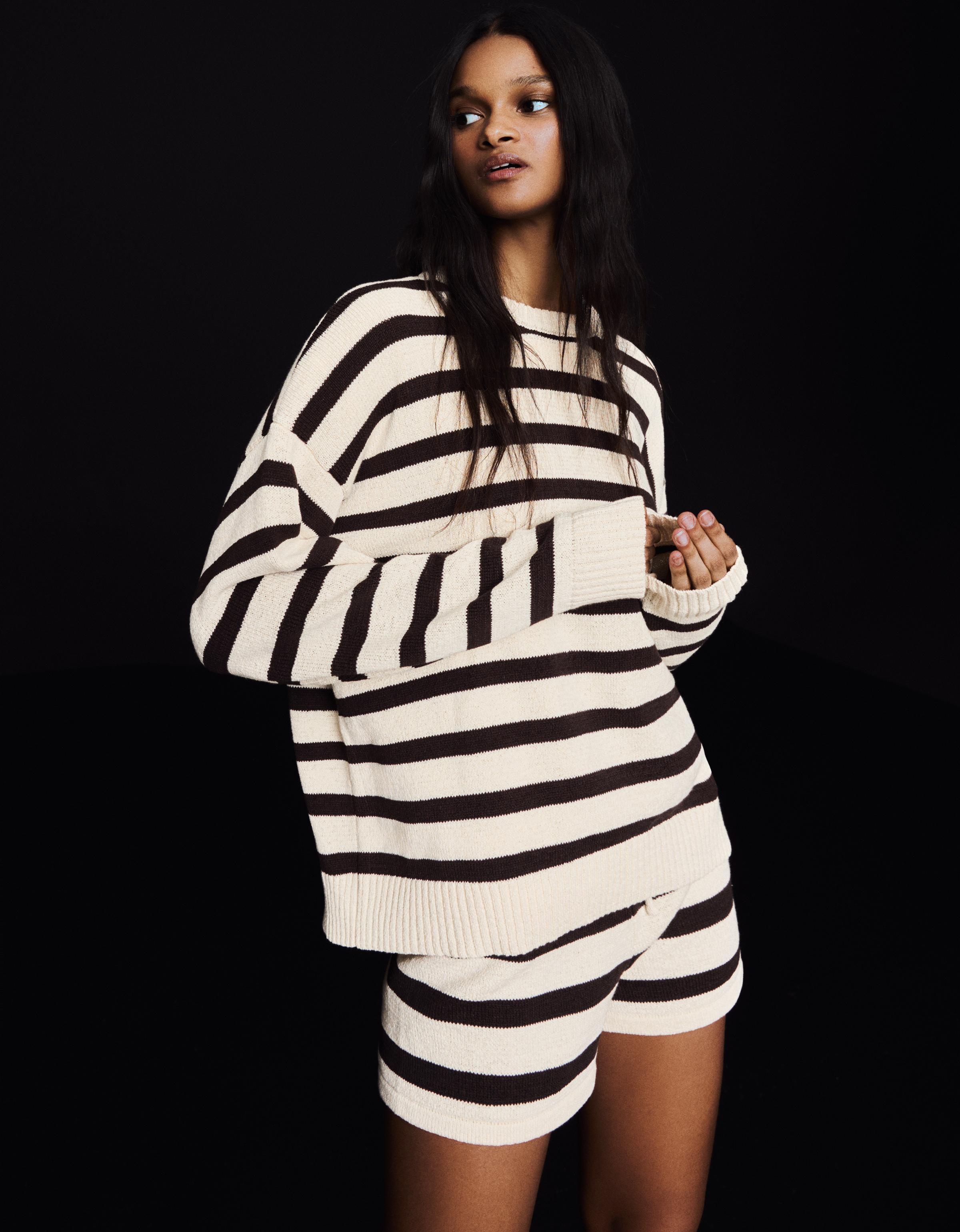 Jersey Cuello Redondo Rayas Mujer M Crudo