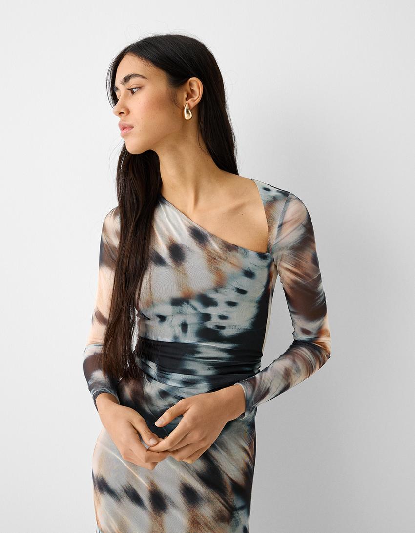 Vestido mini de manga comprida em tule assimétrico com estampado-Preto-3