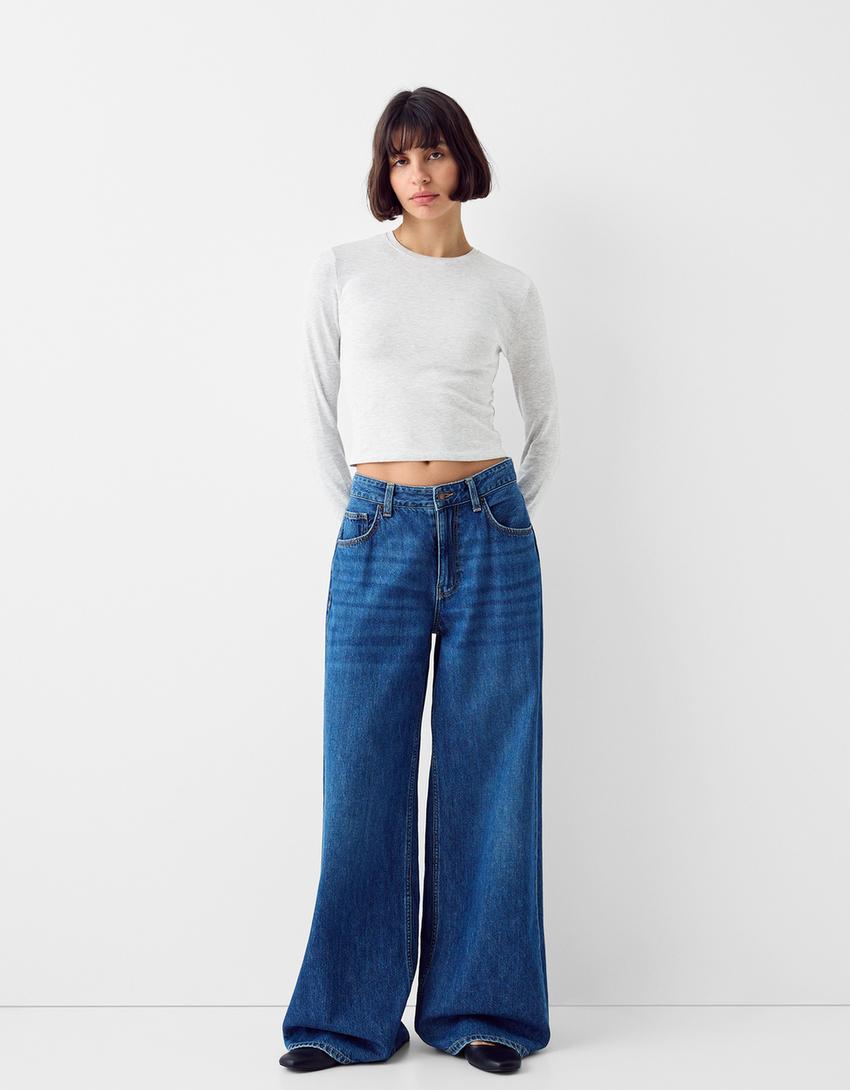 T-shirt manga comprida decote redondo-Cinza-3