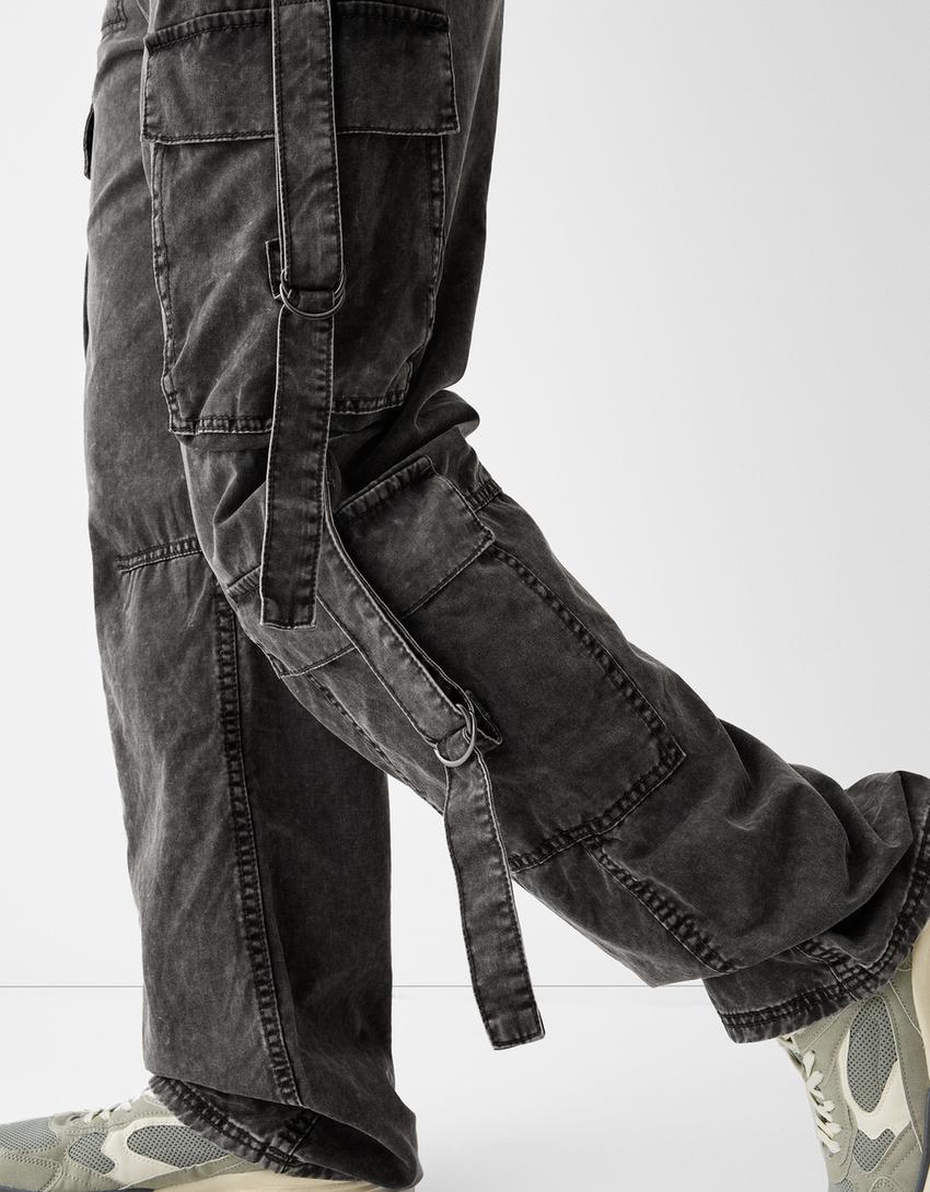 Cotton cargo trousers with straps-Grey