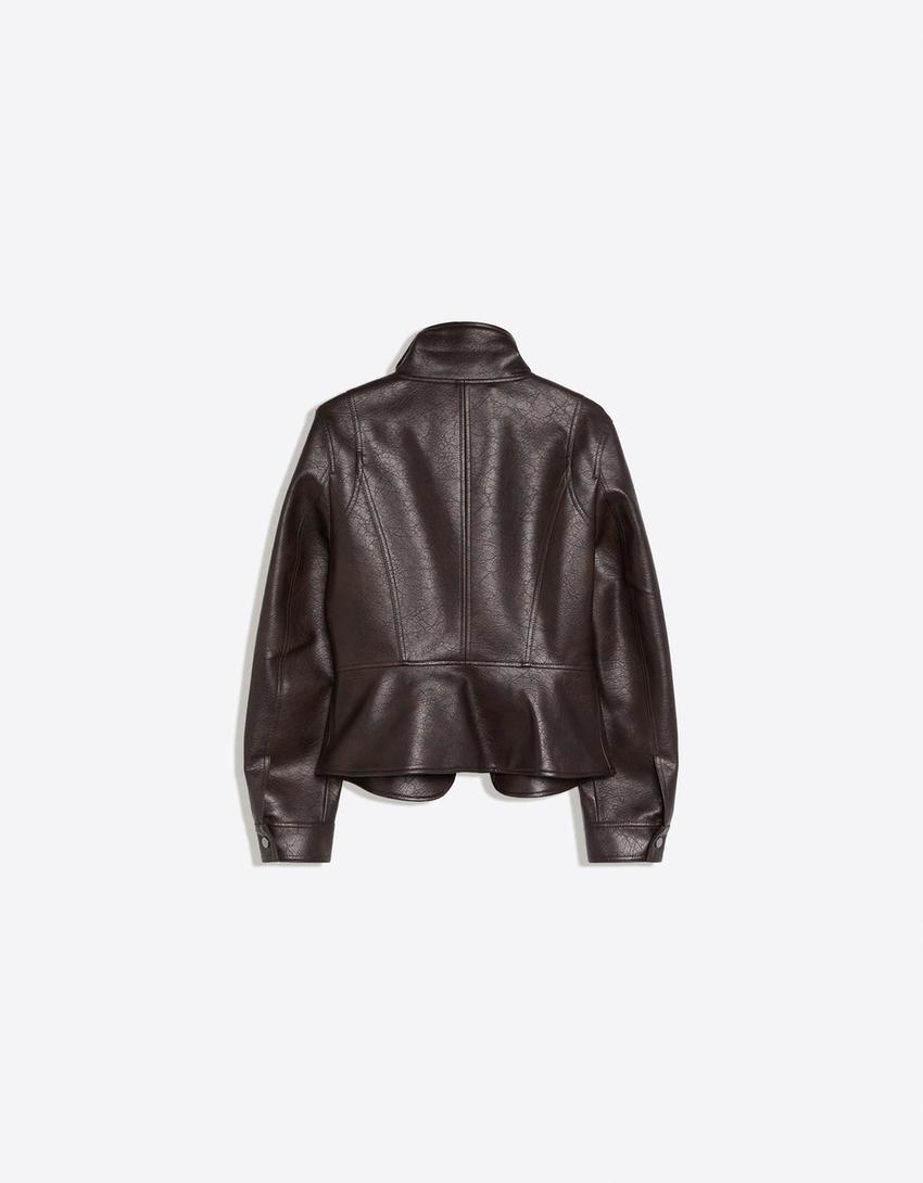Faux leather peplum jacket-Brown