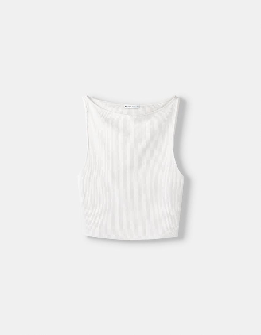 Sleeveless ribbed T-shirt-Off white-4