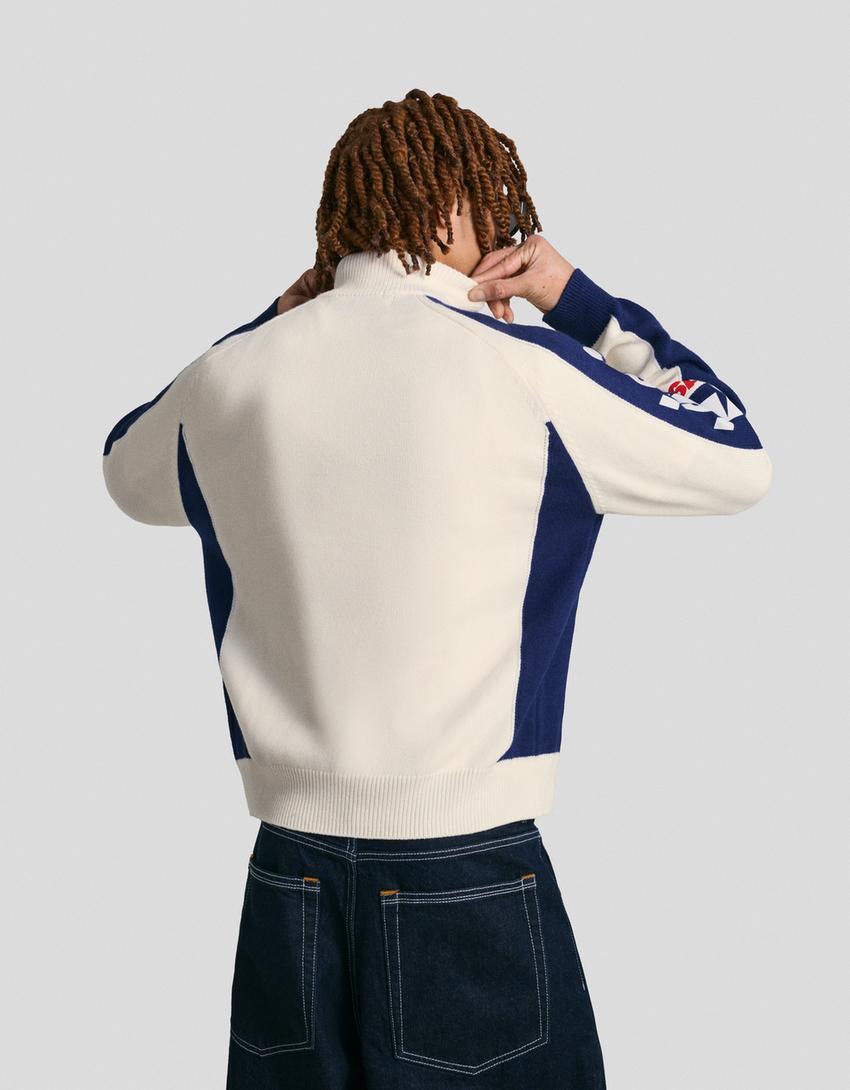 Pull col zippé imprimé-Blanc cassé
