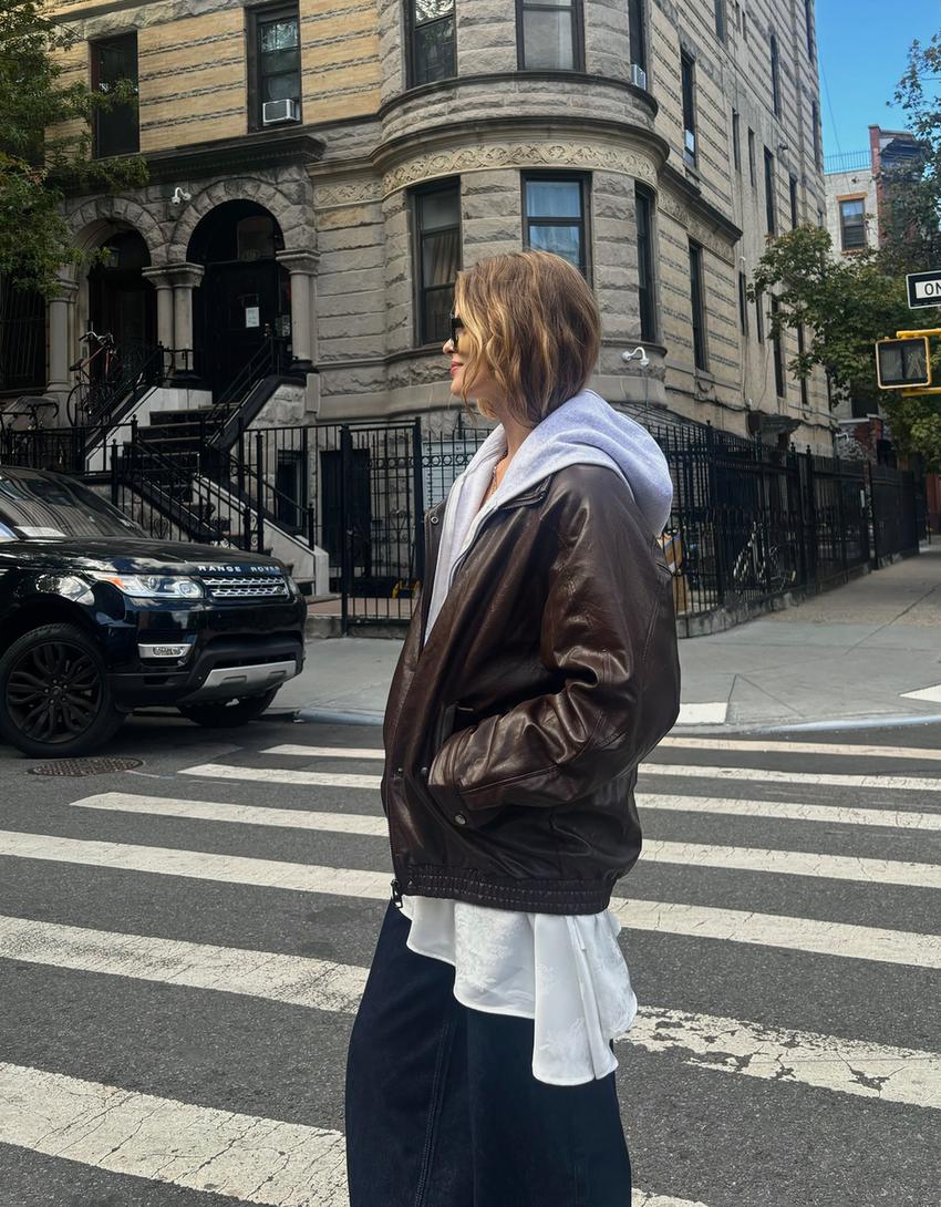 Oversized jas met leereffect-Bruin