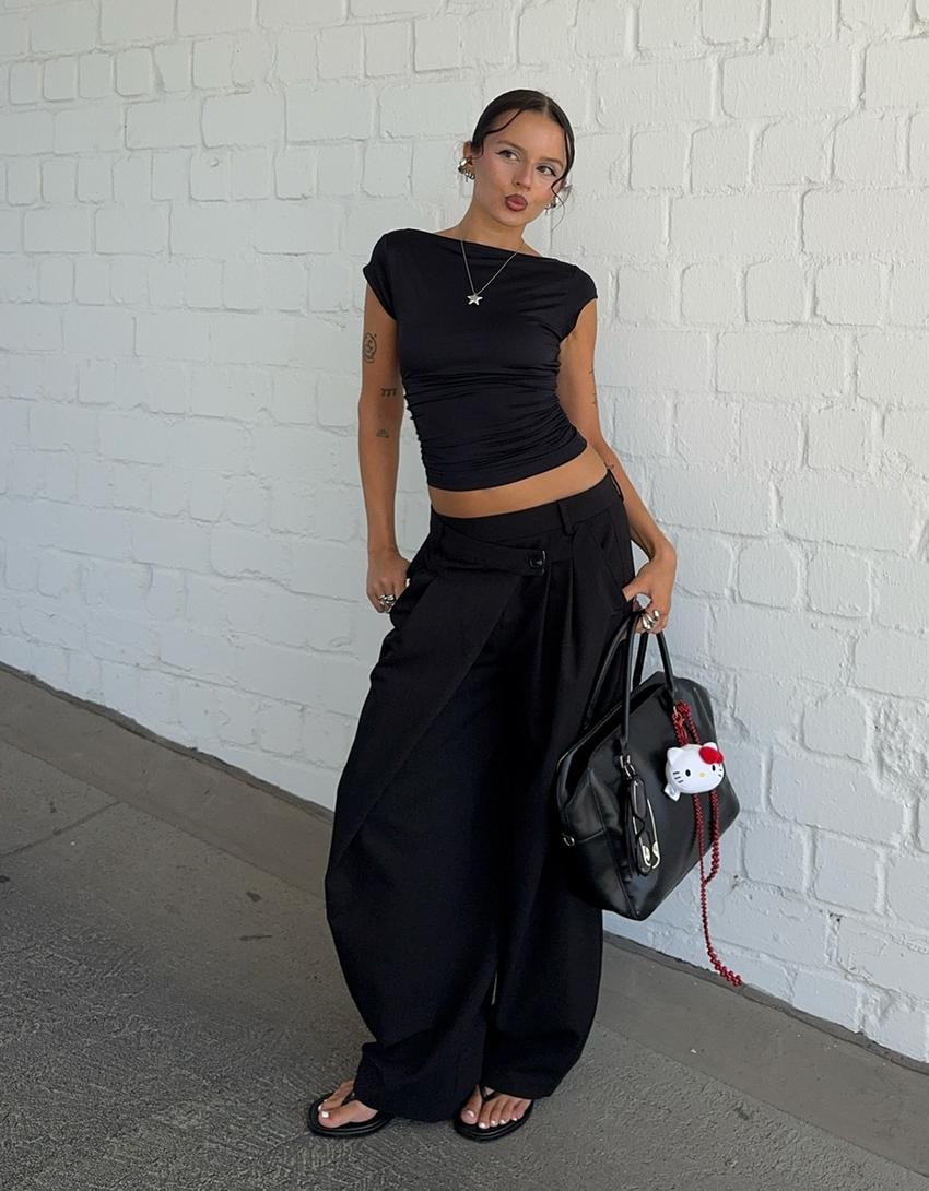 Tailored fit trousers with crossover waist-Black-0