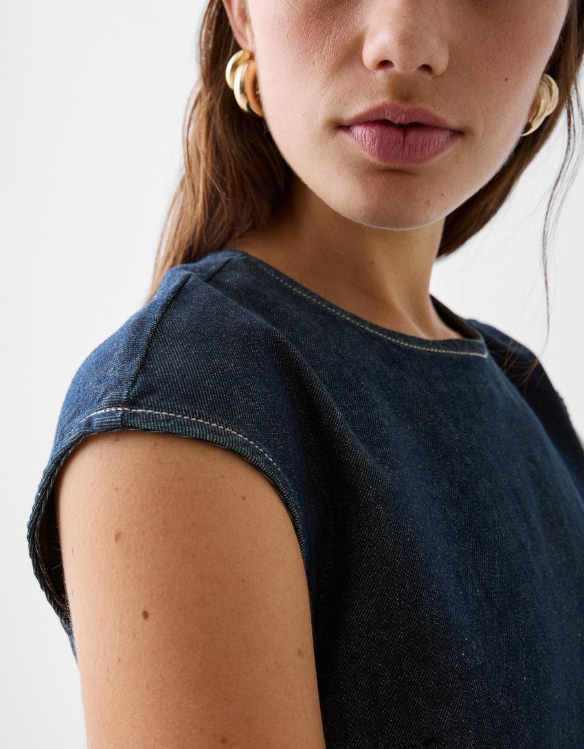 Short sleeve denim mini dress-Blue-6