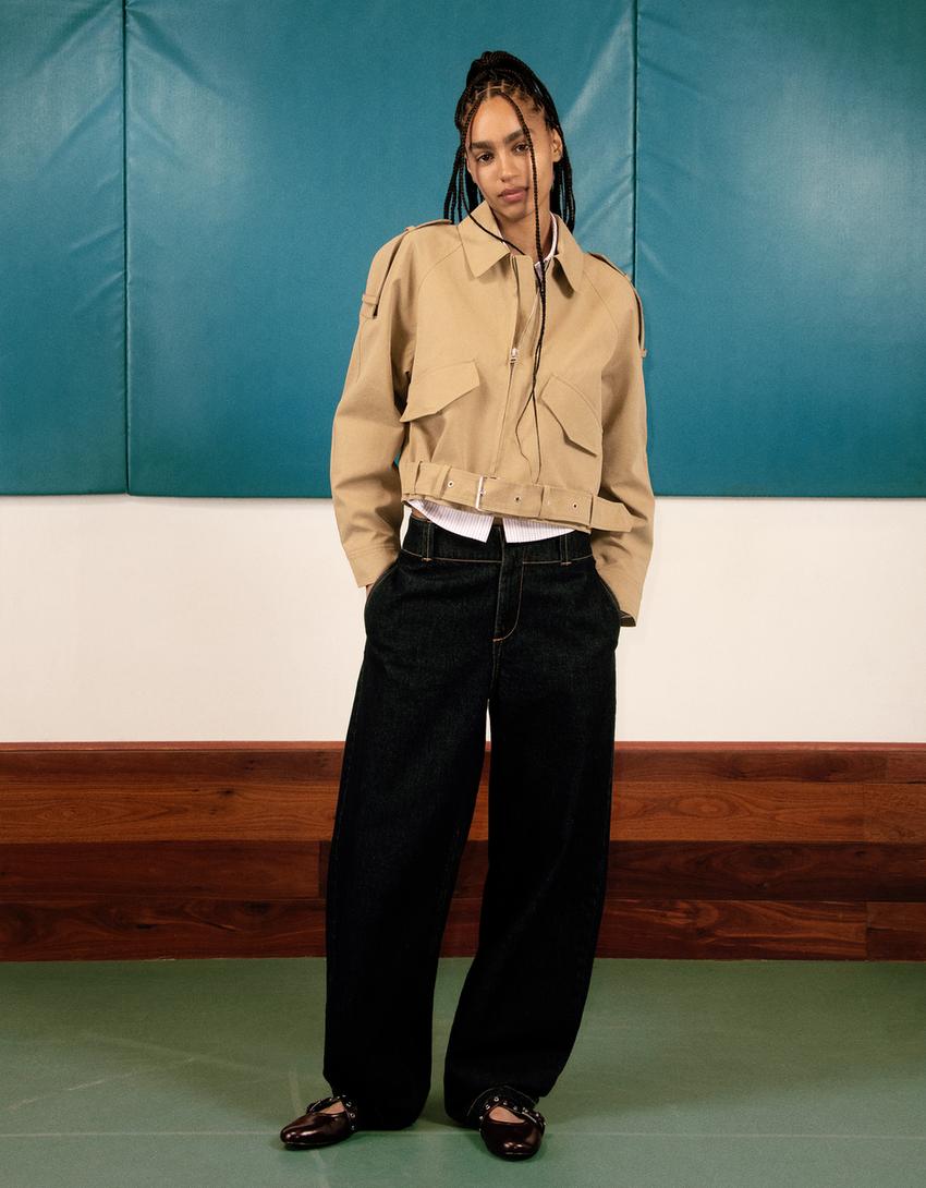 Trucker jacket with belt-Beige-1