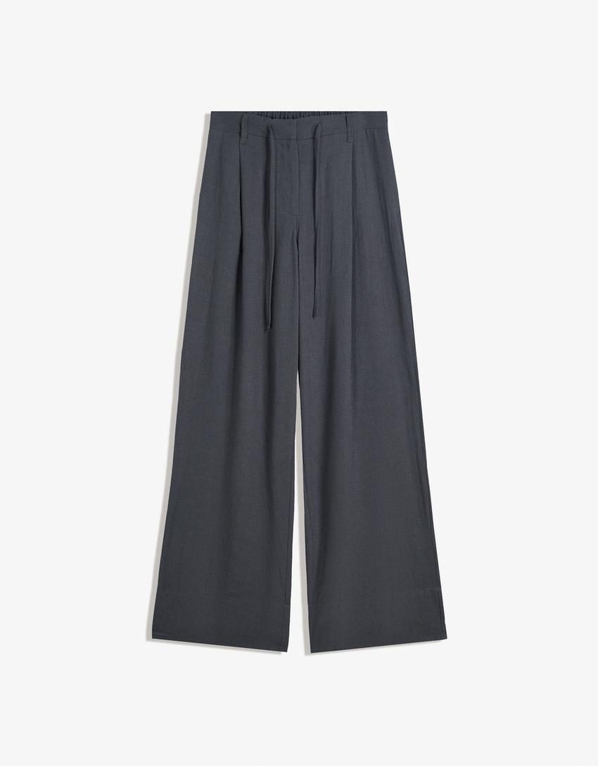 Pantalon wide leg plissé-Gris-0