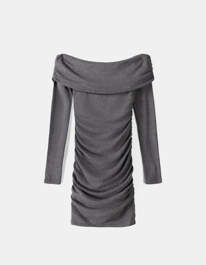 Long sleeve knit bandeau mini dress with gathering-Grey