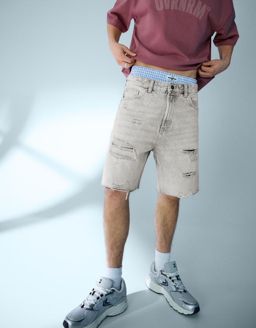 Ripped denim Bermuda shorts-Grey