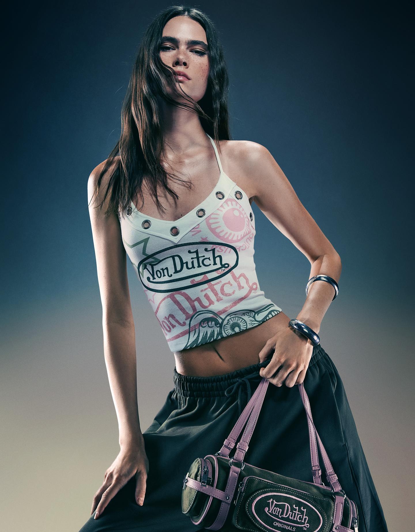 Bershka top von dutch z dekoltem halter i oczkami biały złamany