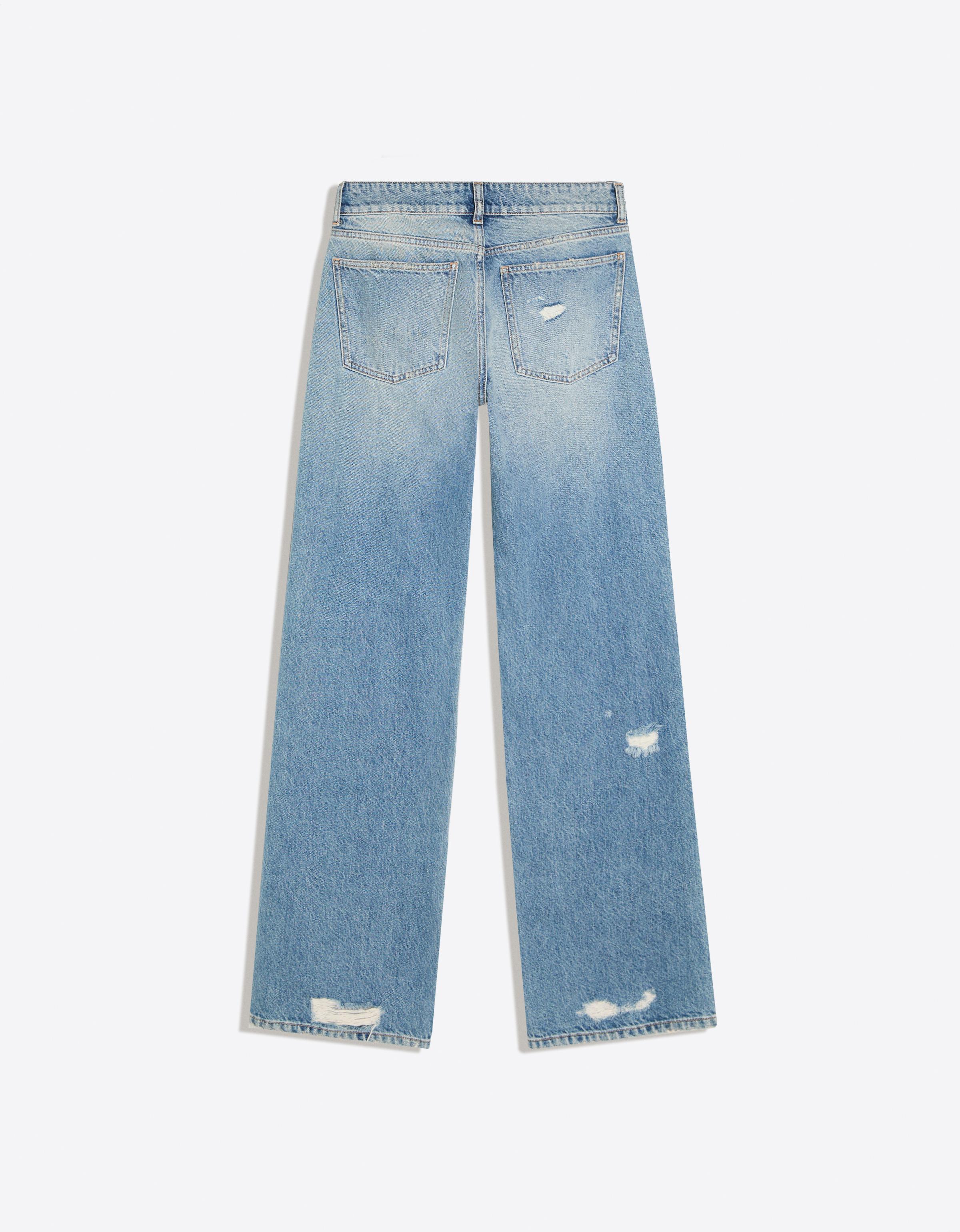 Mid-waist straight-leg studded jeans — Light blue