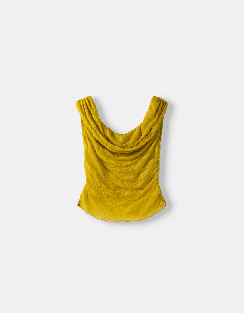 Açık omuzlu gofre kumaş jakarlı t-shirt-Lime-4