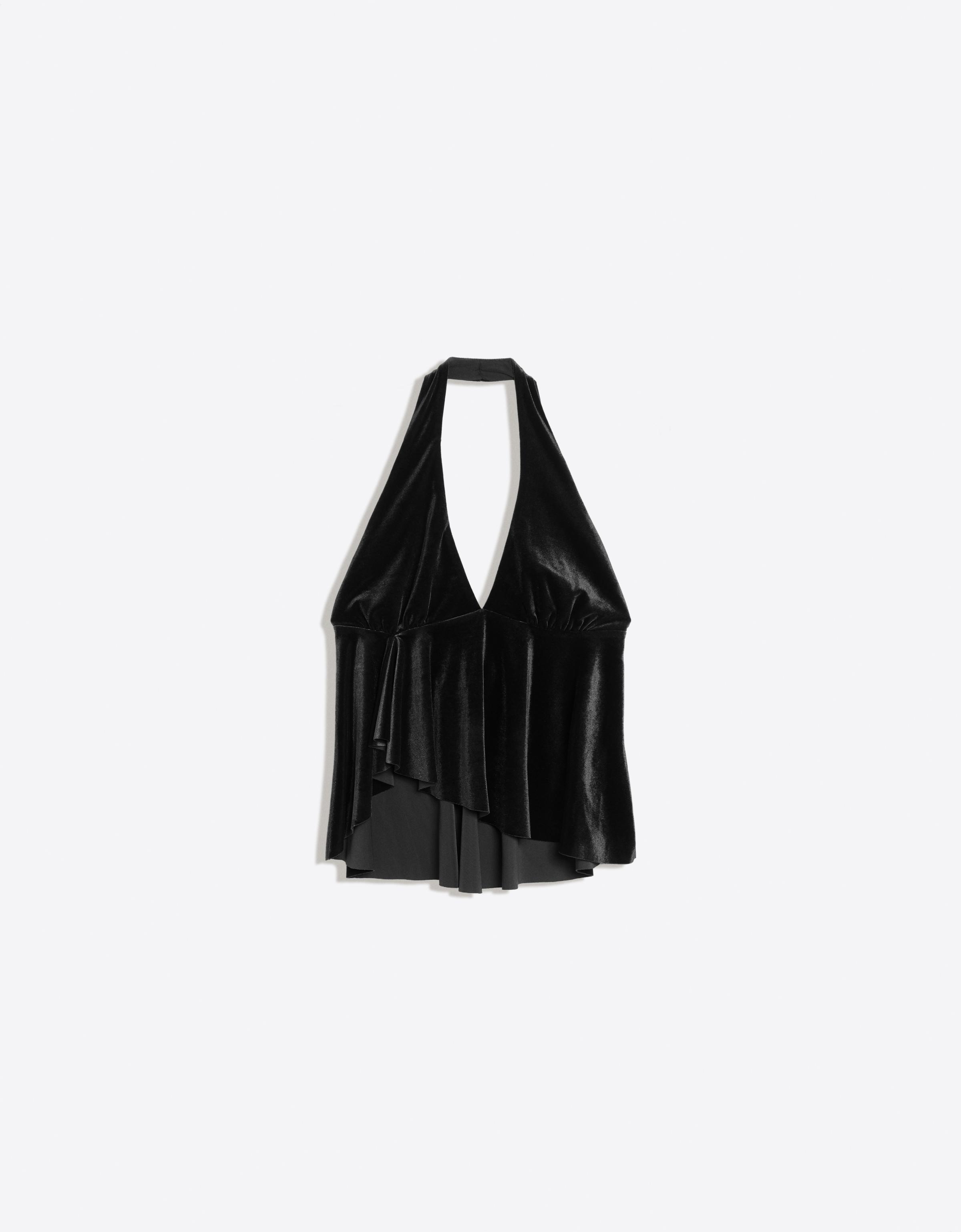 Bershka Aksamitny Top Halter Kobieta Czarny