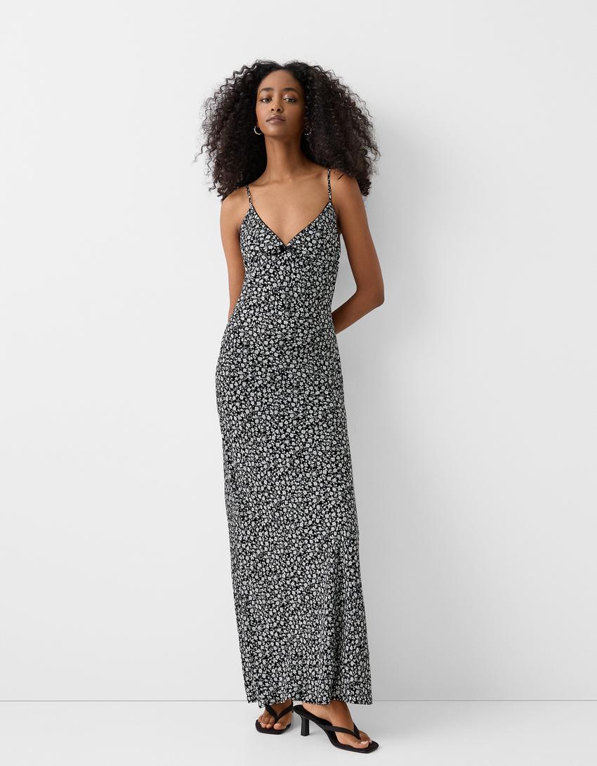 Long strappy print dress with lace trim neckline-White / Black