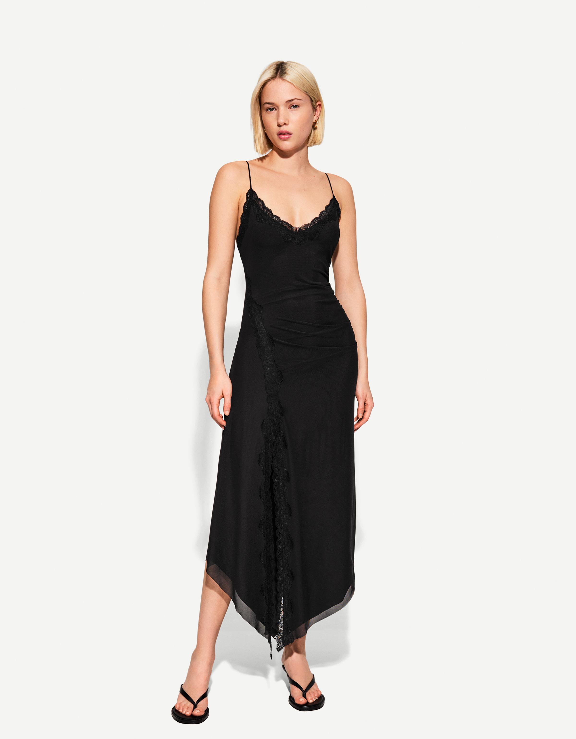 Bershka Midikleid Aus Tüll Mit Spitze Damen S Schwarz