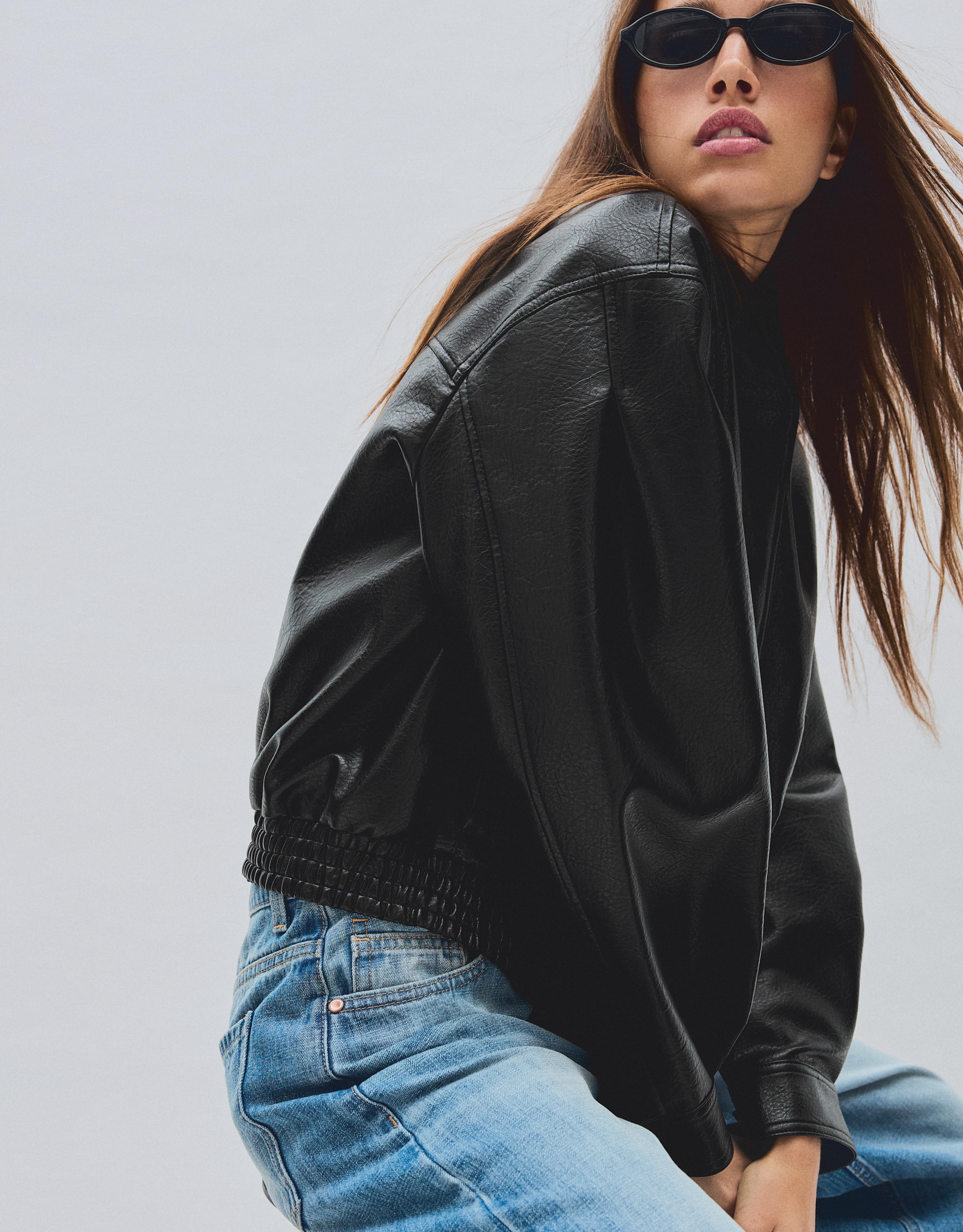 Oversize leather effect jacket with crossover collar — Black