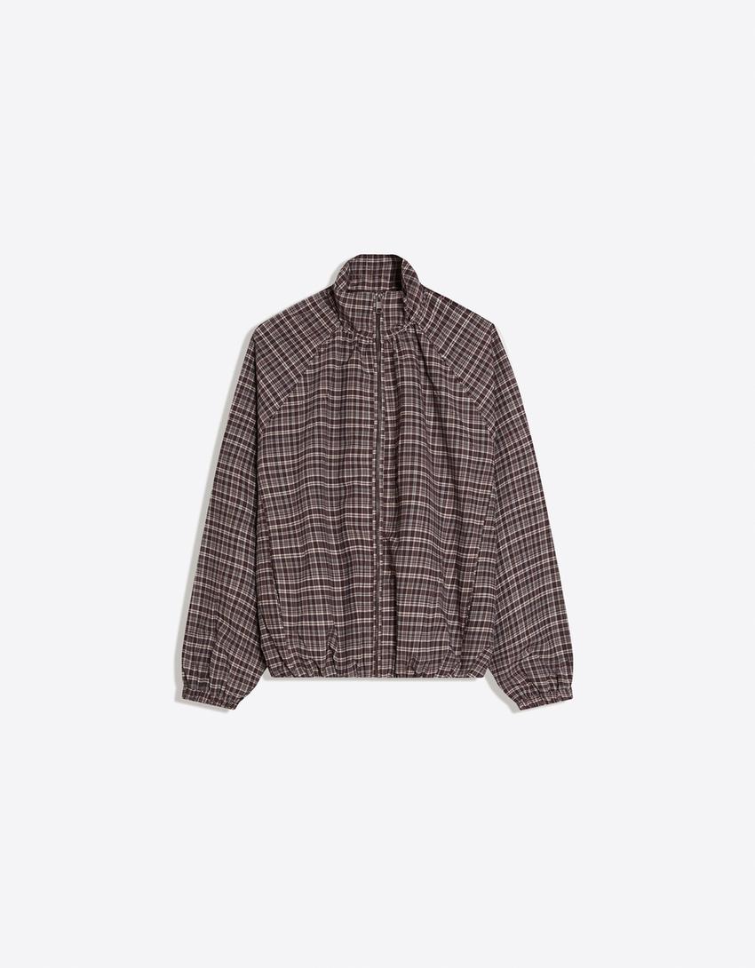Oversize check zip-up jacket-Brown