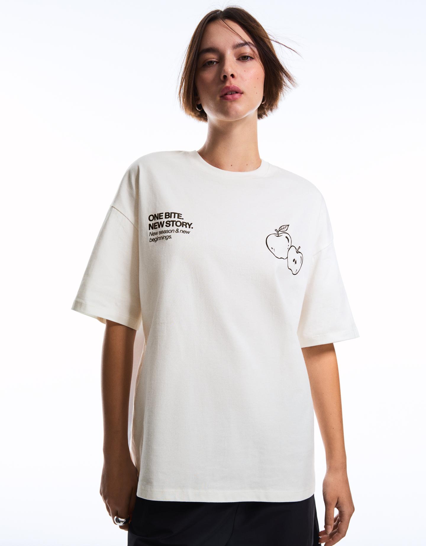 Bershka Camiseta Manga Corta Print Mujer Blanco Roto