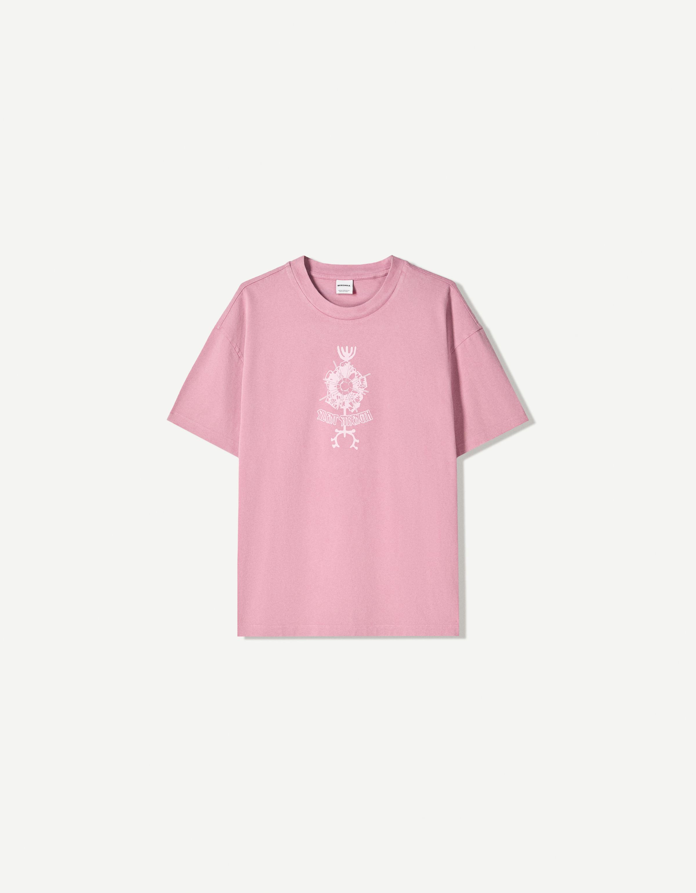Bershka T-Shirt Mit Print Und Kurzen Ärmeln Herren L Rosa
