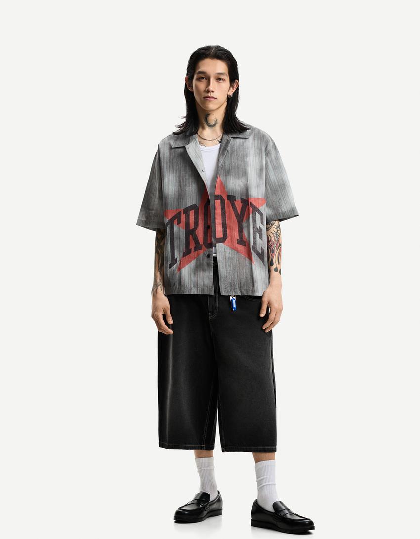 Super baggy denim Bermuda shorts-Black-3