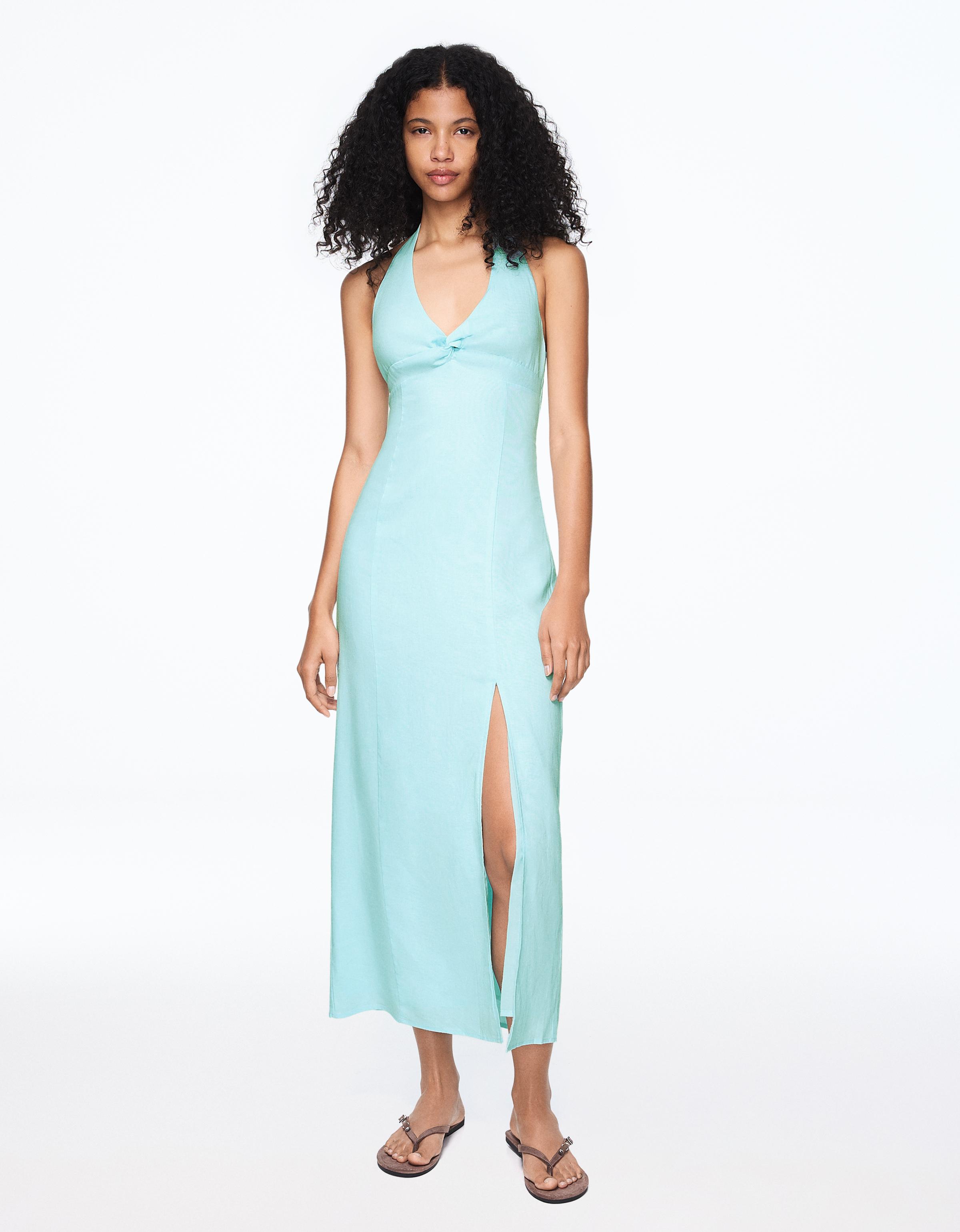 Halter midi dress with linen — Turquoise