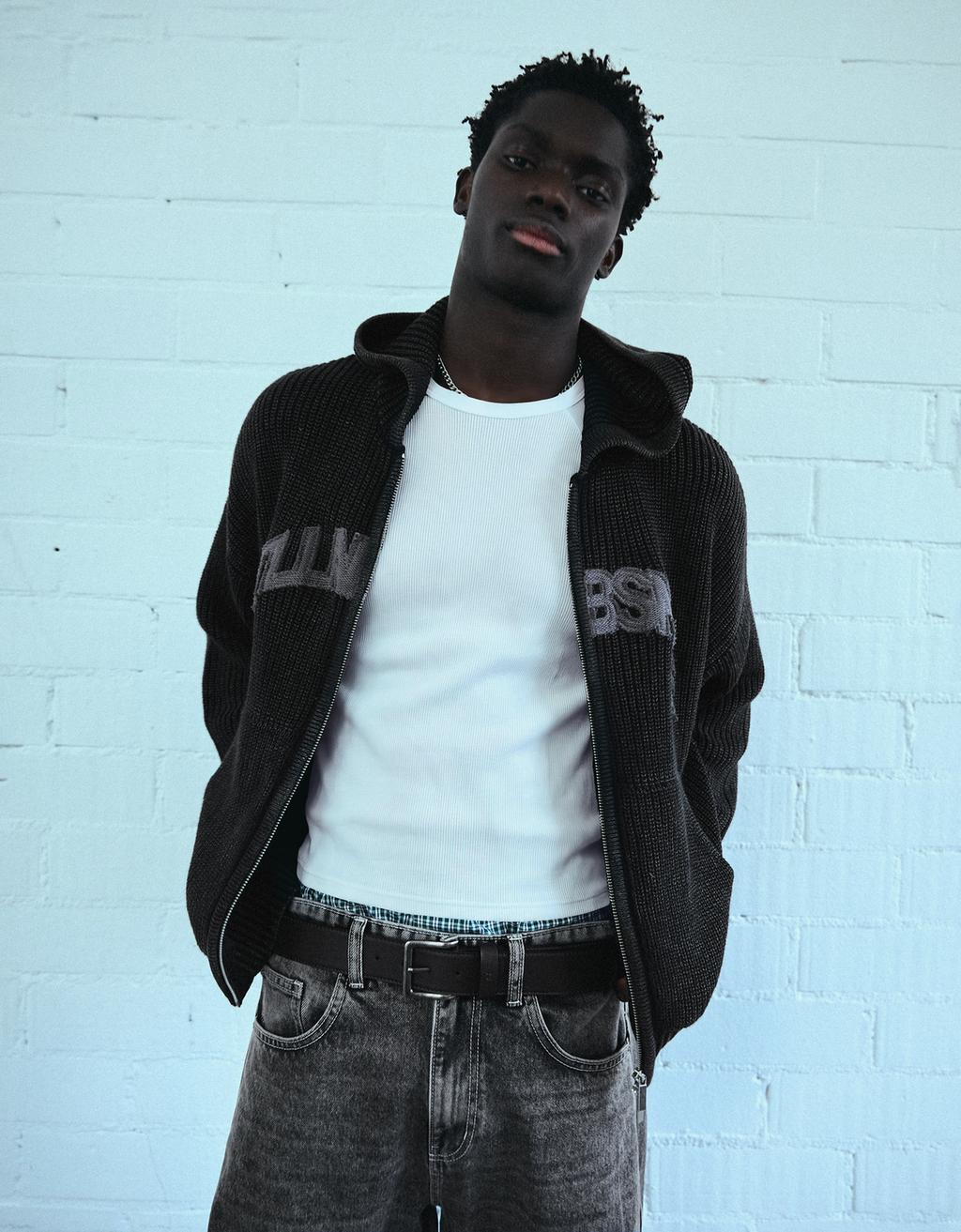 Knit zip jacket with embroidered detail