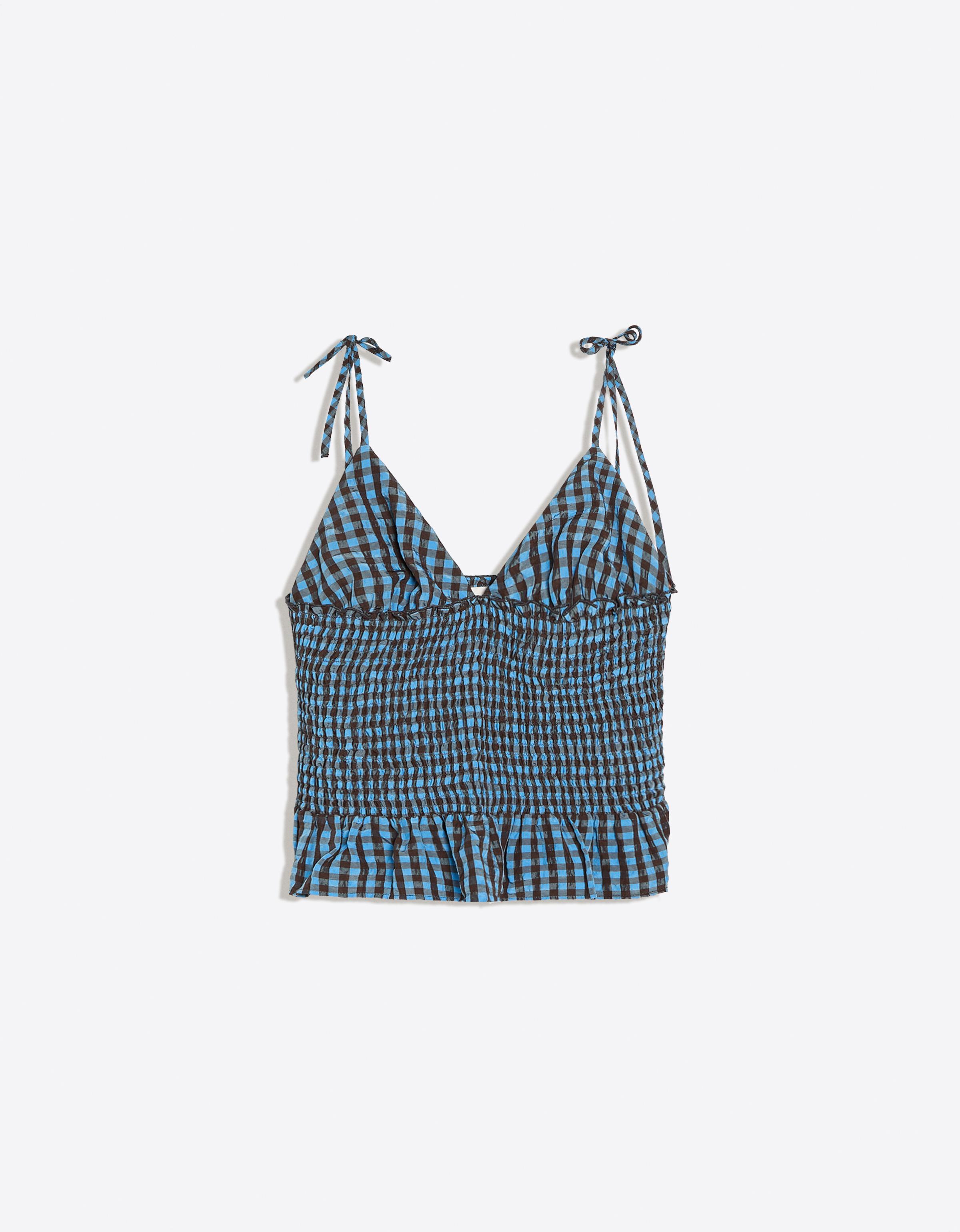 Smocked check strappy top — Blue
