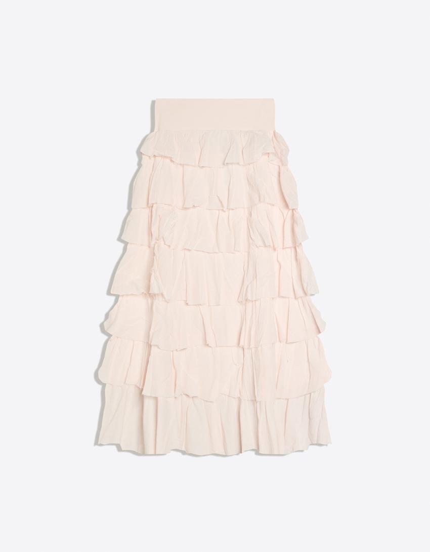 Saia midi rústica com babados-Rosa