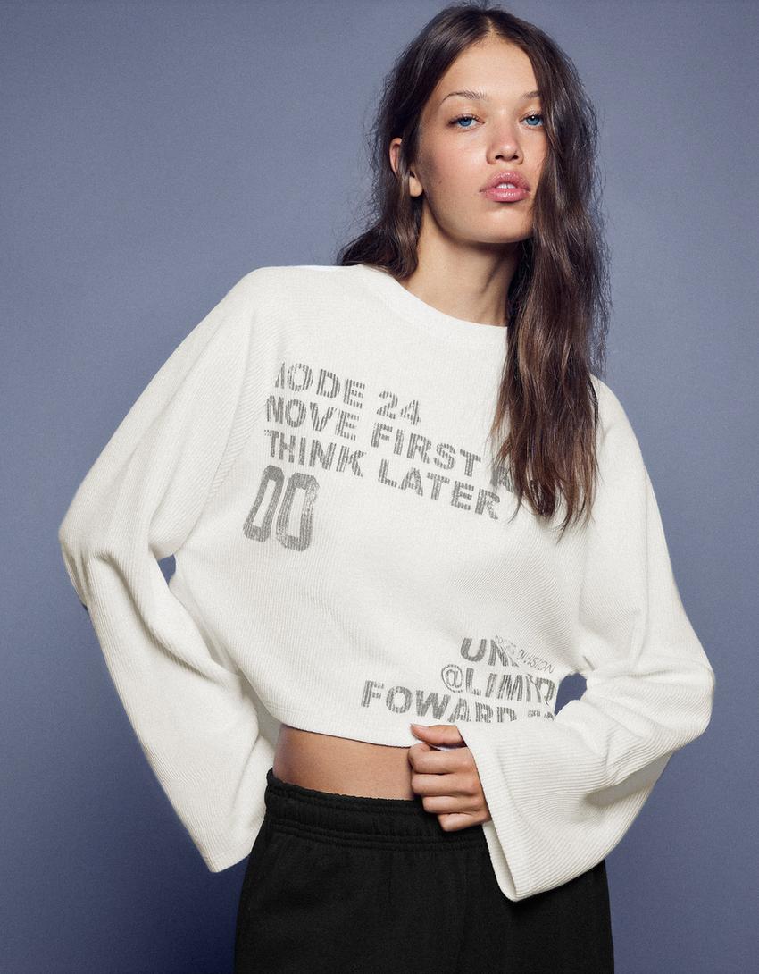 Bisiklet yaka baskılı sweatshirt-Krem