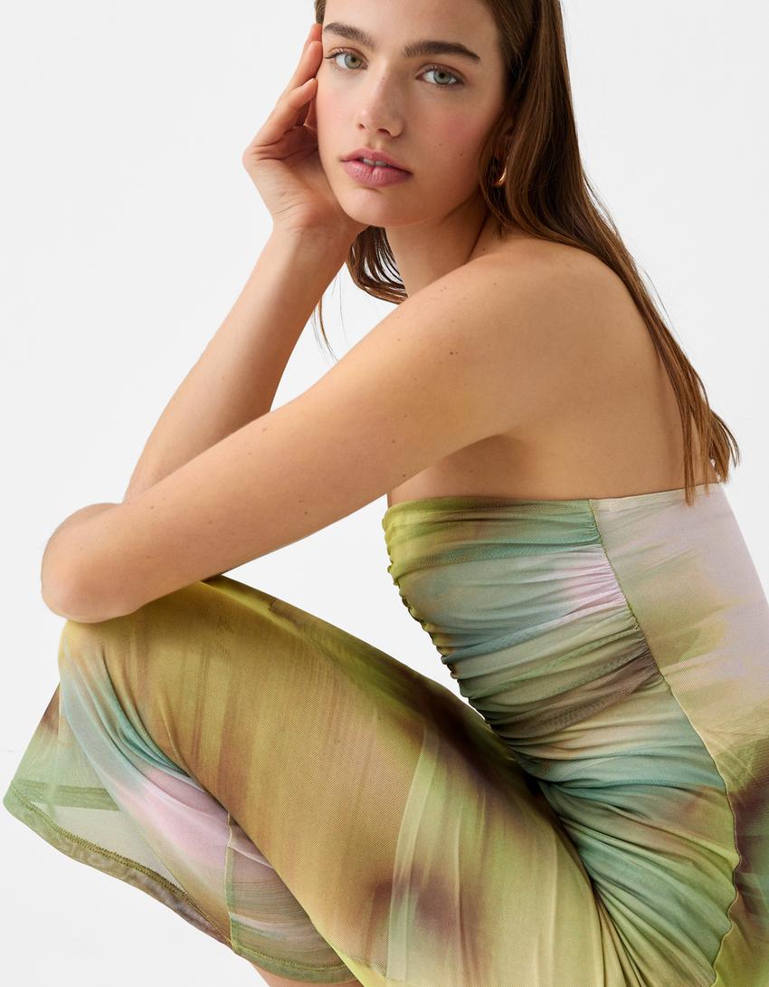 Tulle bandeau midi dress-Green-3