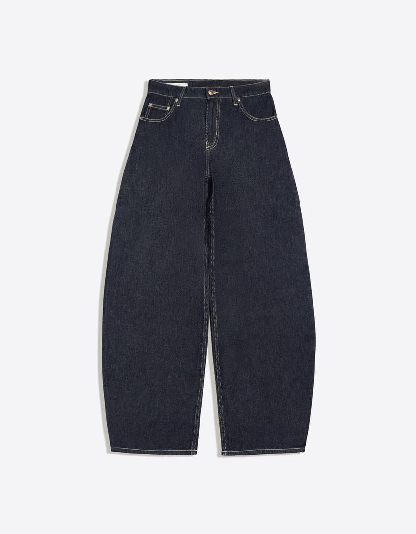 Jeans barrel fit vita alta-Marino