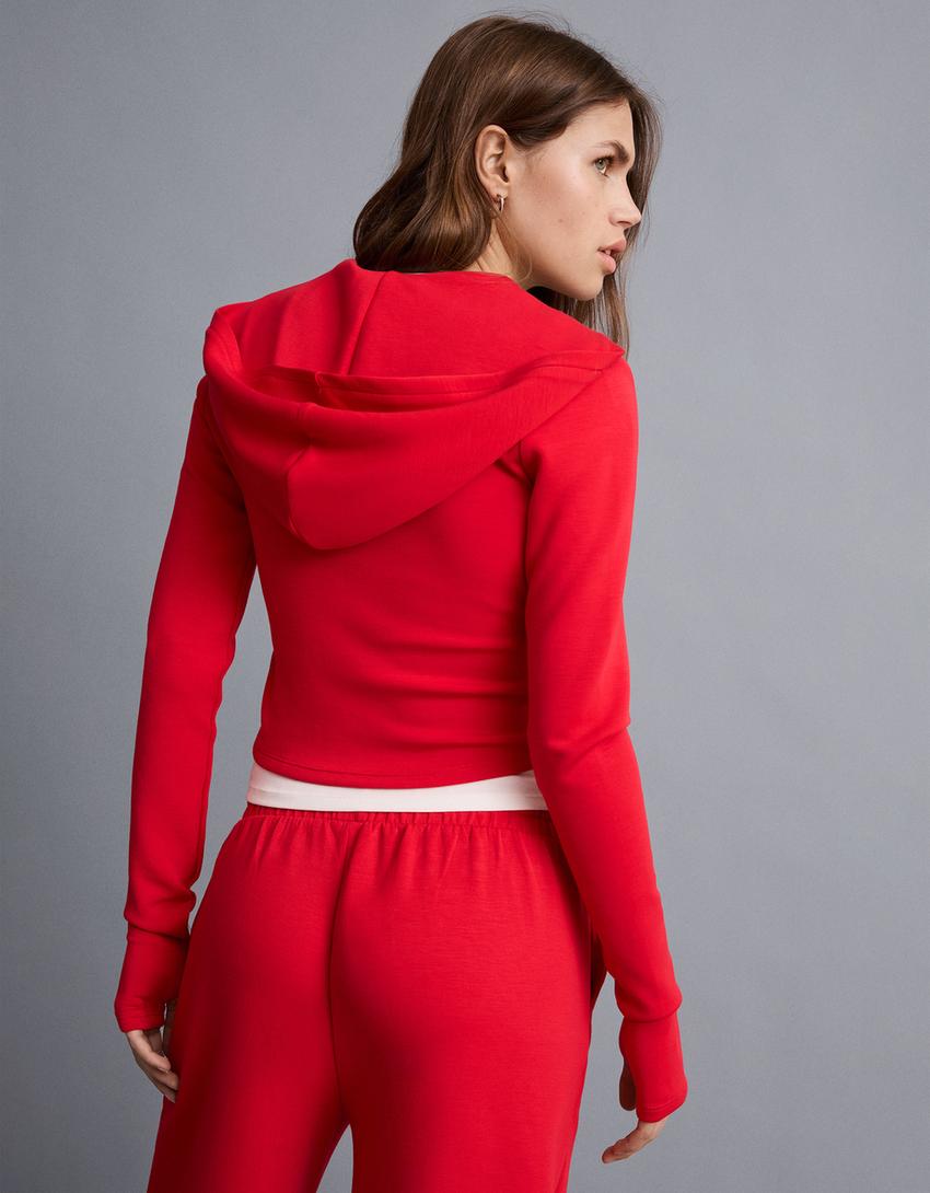 Hoodie ritsleting lembut dengan modal tudung-Merah