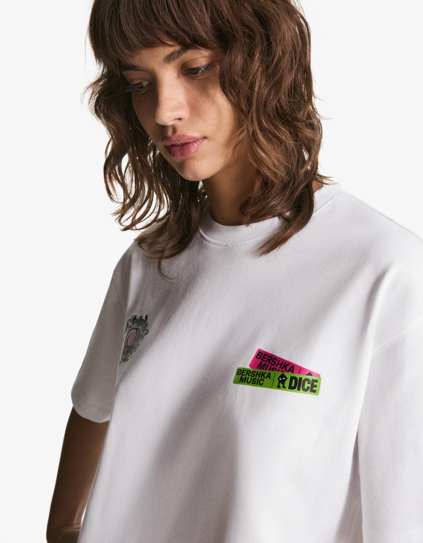 T-shirt Bershka Music DICE manga curta estampado-Branco